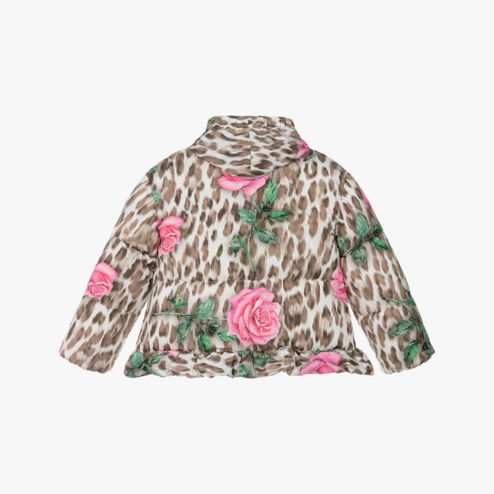 Monnalisa-Girls Beige Leopard & Pink Rose Print Puffer Jacket | Childrensalon