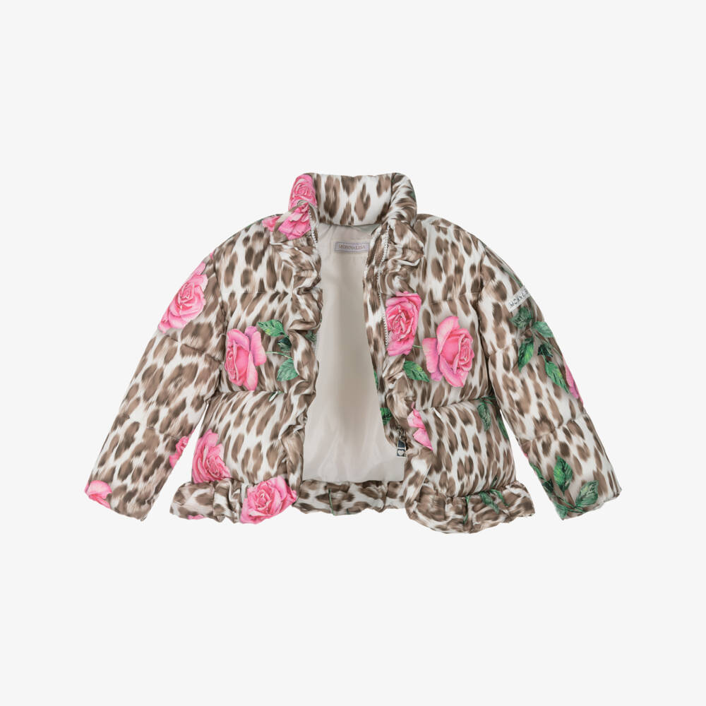 Monnalisa-Girls Beige Leopard & Pink Rose Print Puffer Jacket | Childrensalon