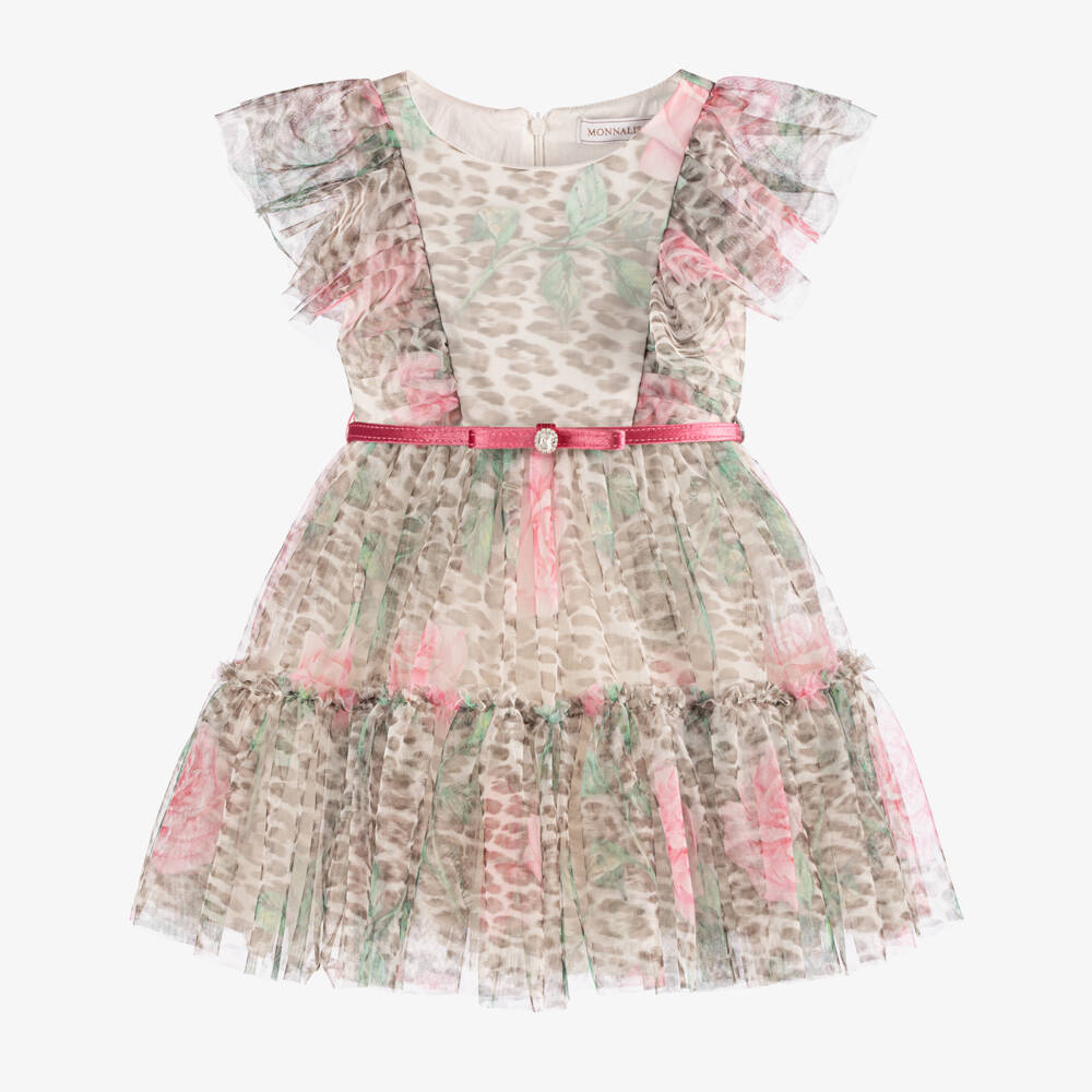 Monnalisa-Girls Beige Leopard & Pink Rose Print Tulle Dress | Childrensalon