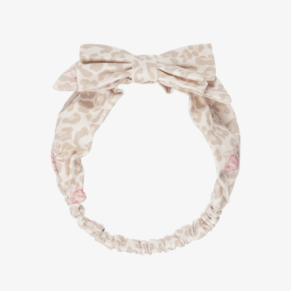 Monnalisa-Girls Beige Leopard Print Bow Headband in Cotton Jersey | Childrensalon