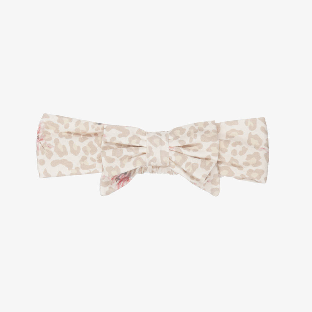 Monnalisa-Girls Beige Leopard Print Bow Headband in Cotton Jersey | Childrensalon