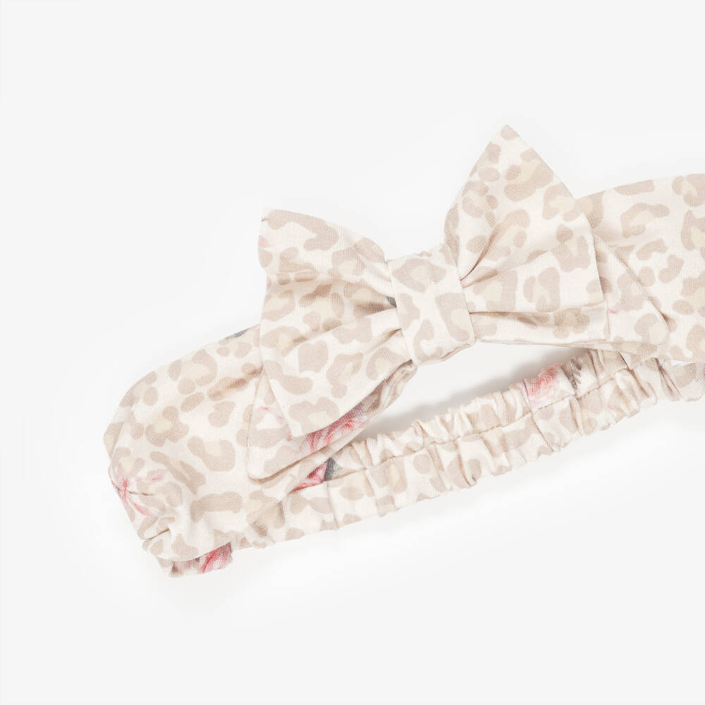 Monnalisa-Girls Beige Leopard Print Bow Headband in Cotton Jersey | Childrensalon