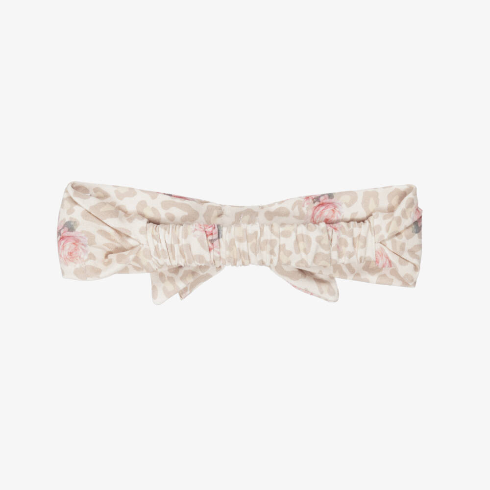 Monnalisa-Girls Beige Leopard Print Bow Headband in Cotton Jersey | Childrensalon