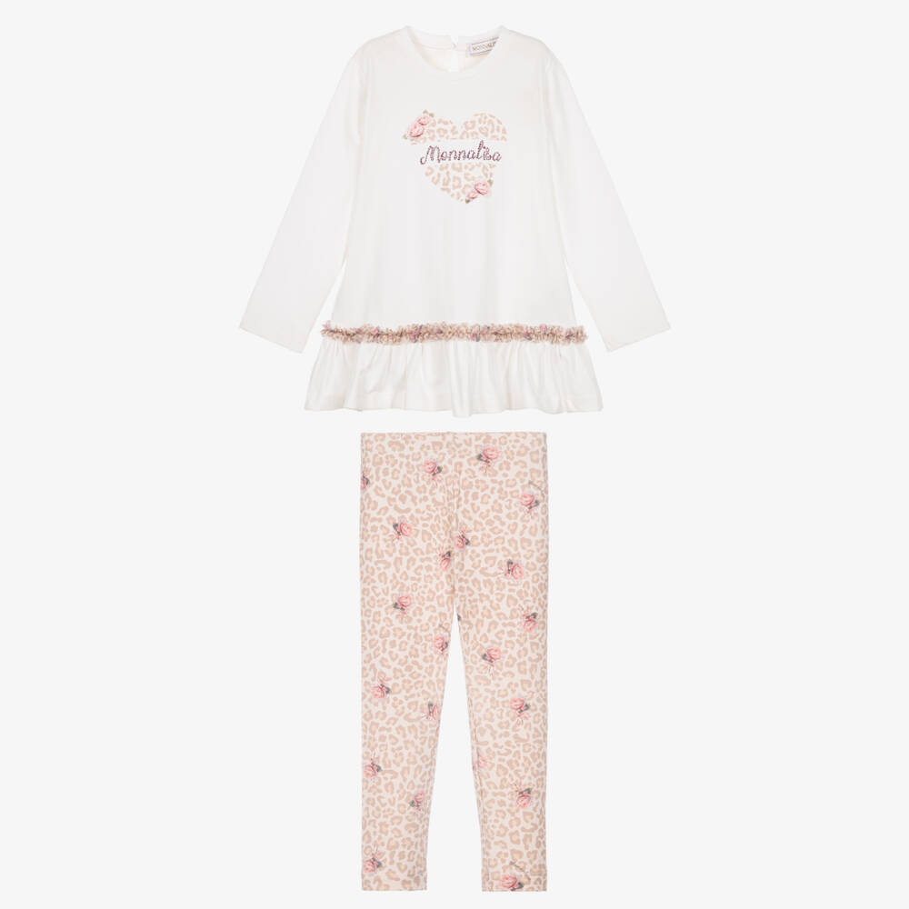 Monnalisa-Girls Beige Leopard & Rose Print Leggings Set | Childrensalon