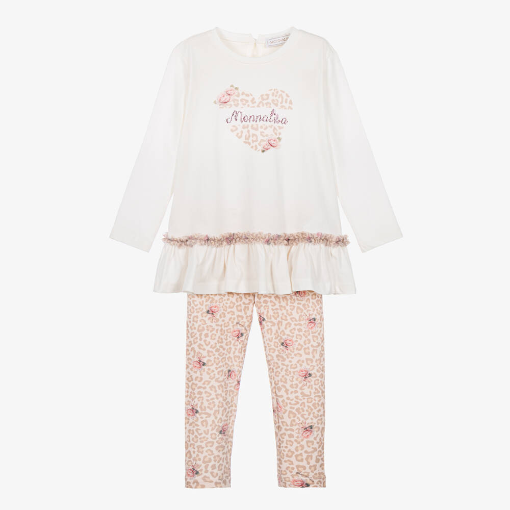 Monnalisa-Girls Beige Leopard & Rose Print Leggings Set | Childrensalon
