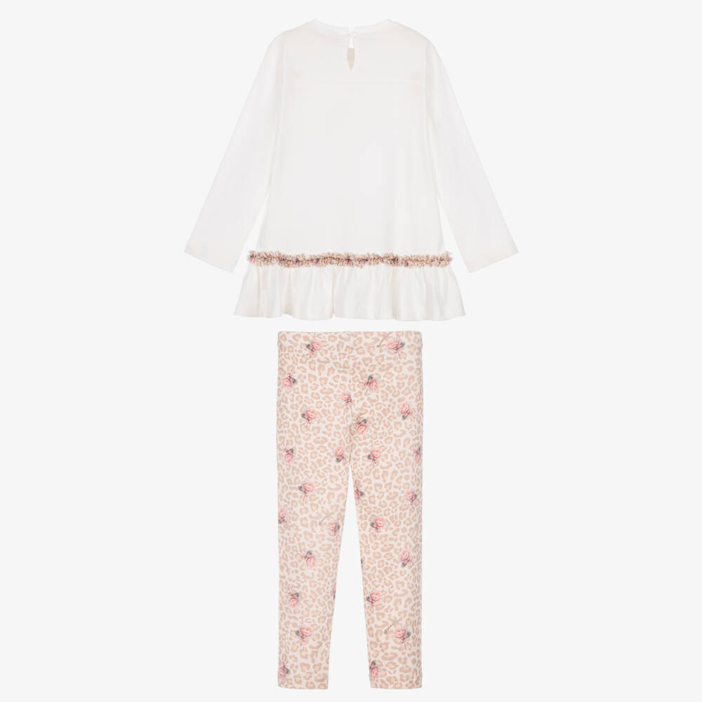 Monnalisa-Girls Beige Leopard & Rose Print Leggings Set | Childrensalon