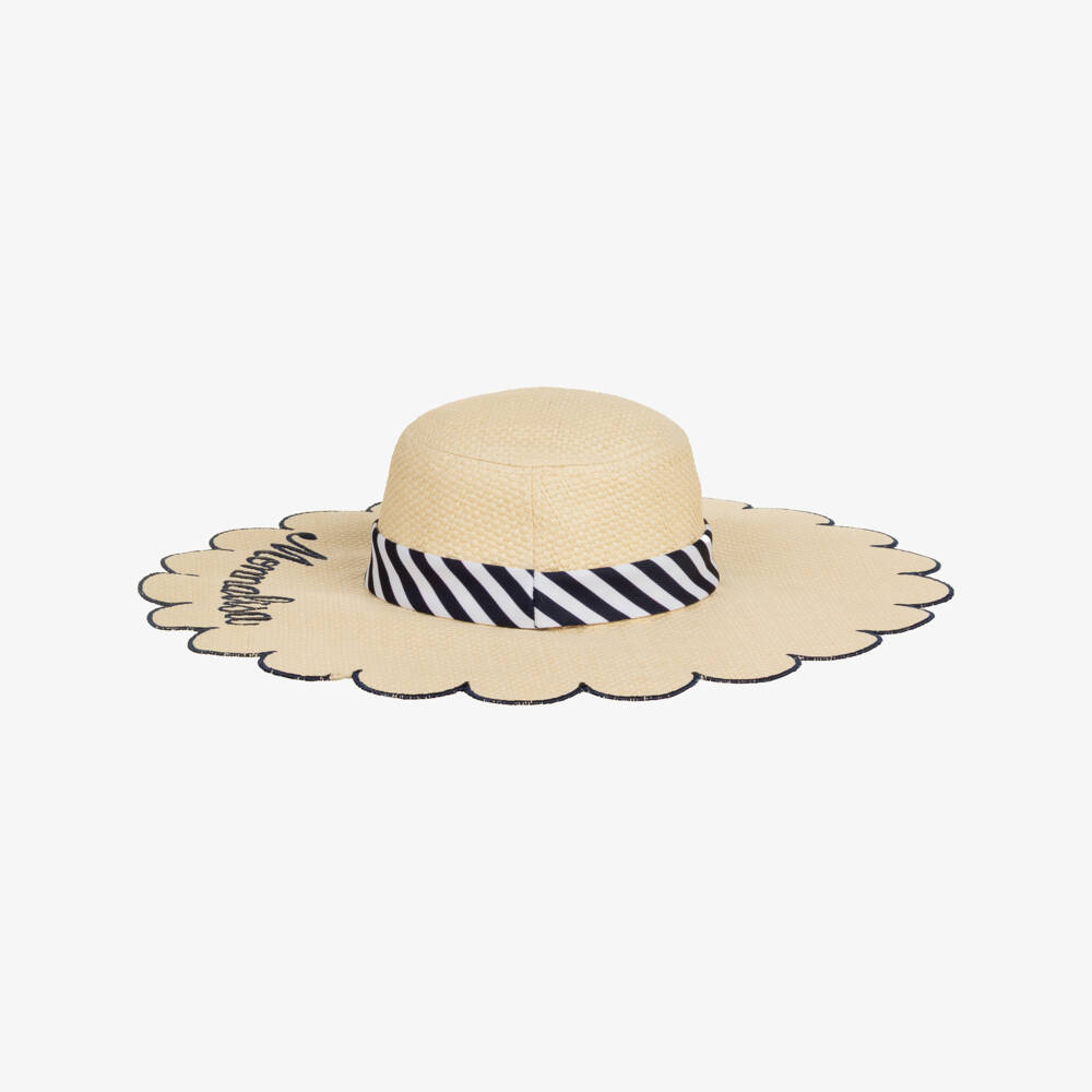 Monnalisa-Girls Beige Scalloped Straw Hat with Embroidered Blue Logo | Childrensalon