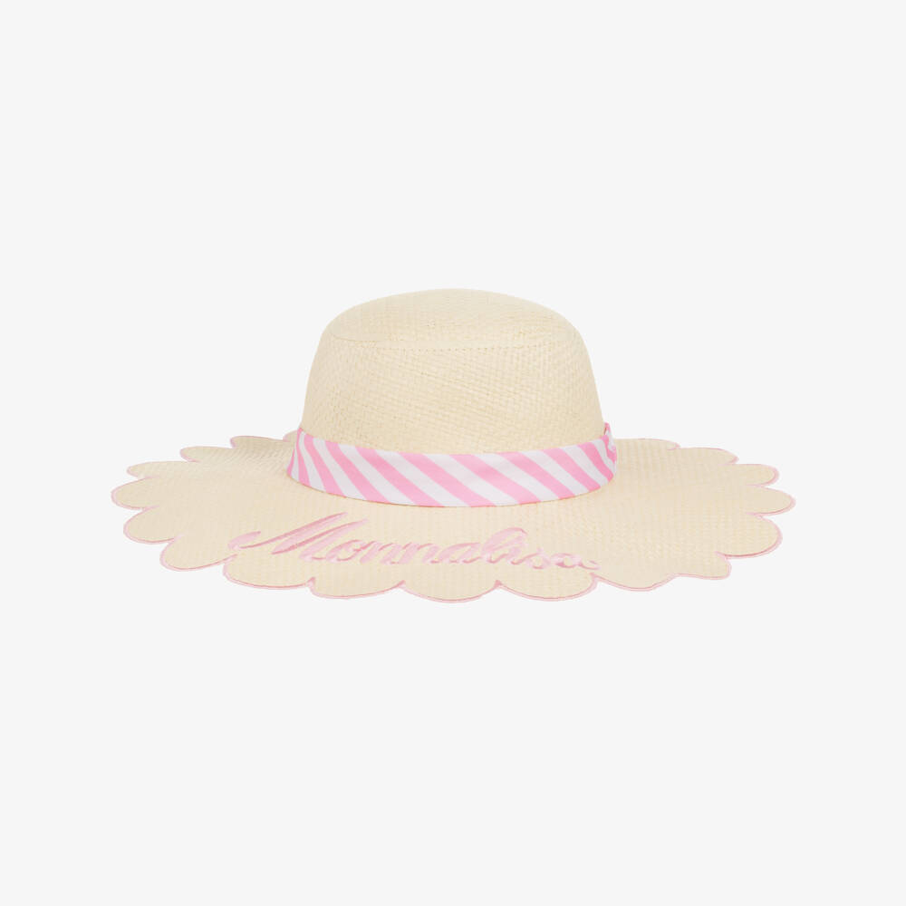 Monnalisa-Girls Beige Scalloped Straw Hat with Embroidered Pink Logo | Childrensalon