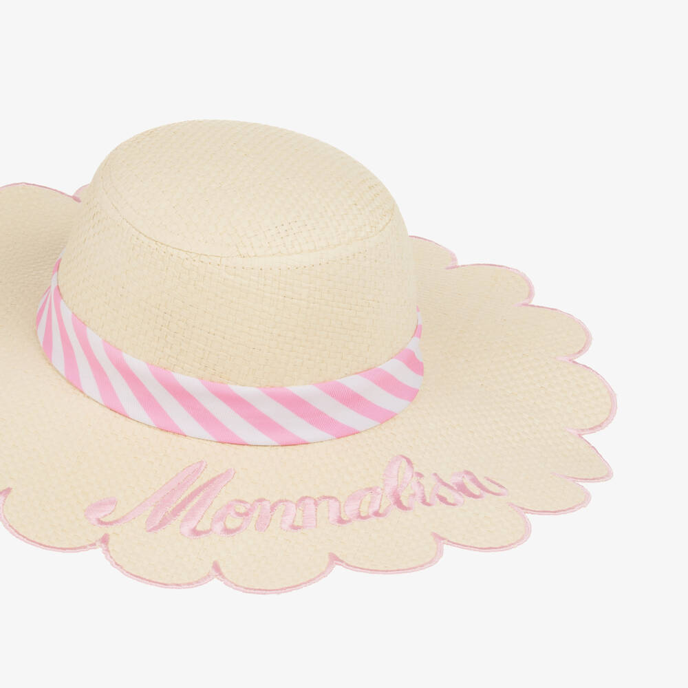 Monnalisa-Girls Beige Scalloped Straw Hat with Embroidered Pink Logo | Childrensalon
