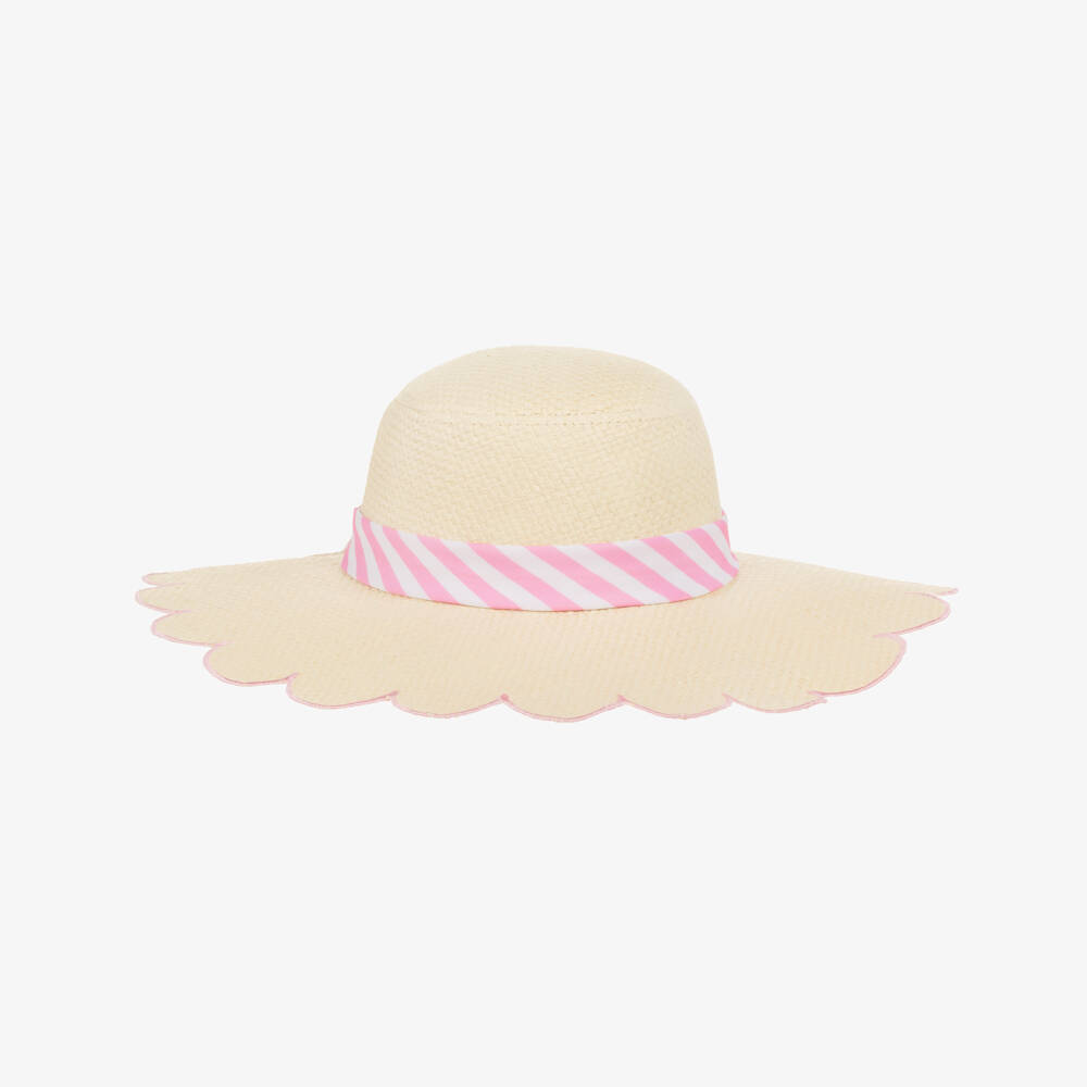 Monnalisa-Girls Beige Scalloped Straw Hat with Embroidered Pink Logo | Childrensalon