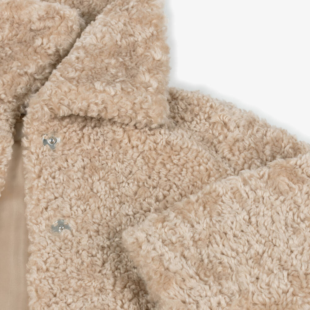 Monnalisa-Girls Beige Sherpa Fleece Jacket | Childrensalon