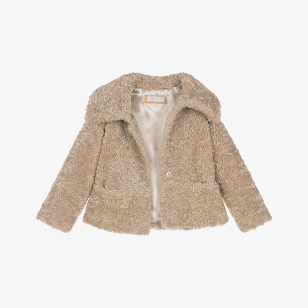 Monnalisa-Girls Beige Sherpa Fleece Jacket | Childrensalon