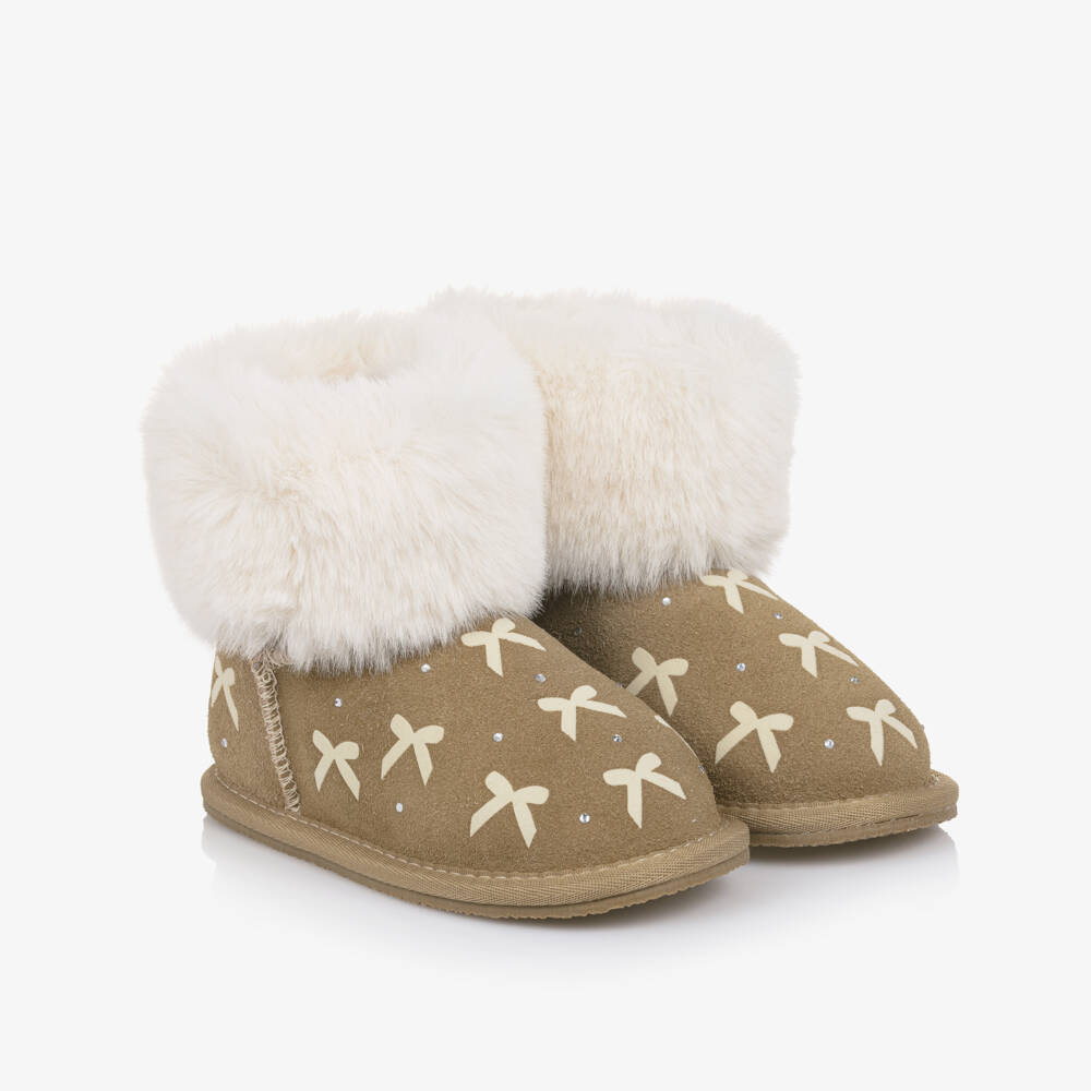 Monnalisa-Girls Beige Suede Leather Bow Boots with Faux Fur Trim | Childrensalon