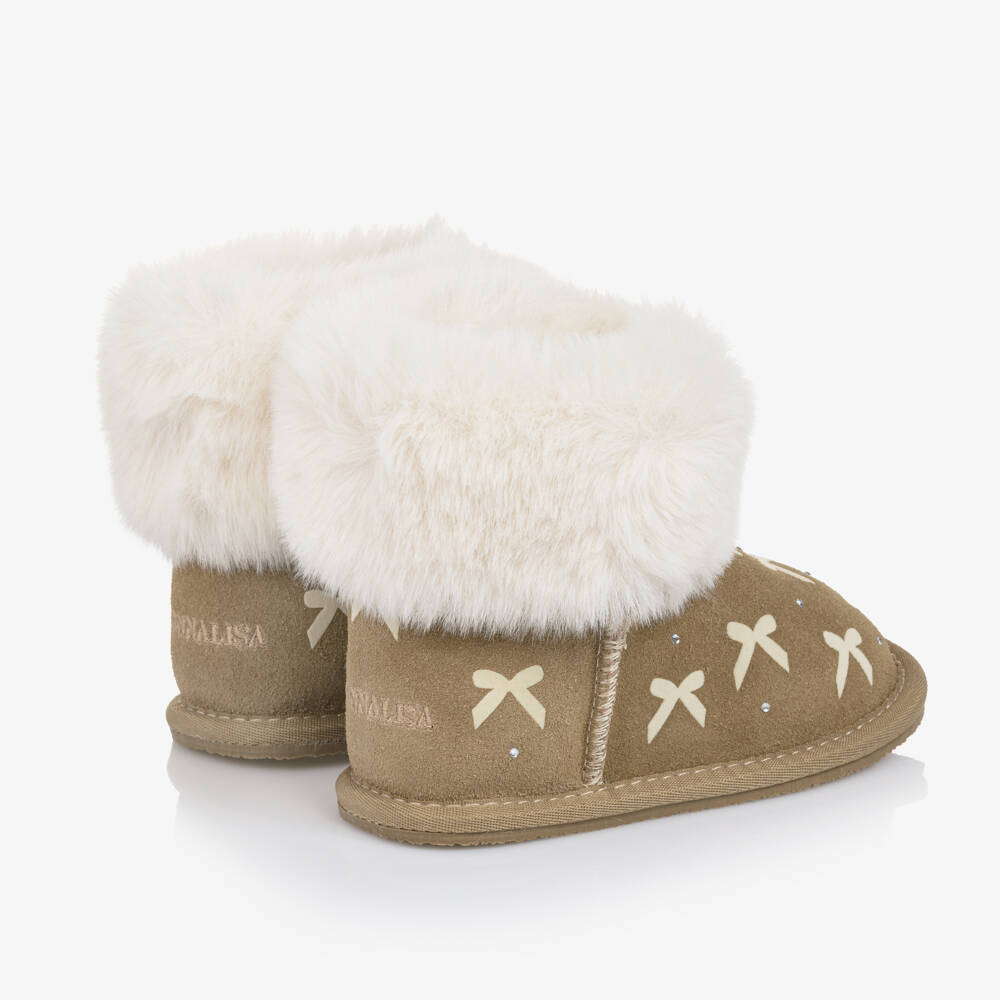 Monnalisa-Girls Beige Suede Leather Bow Boots with Faux Fur Trim | Childrensalon