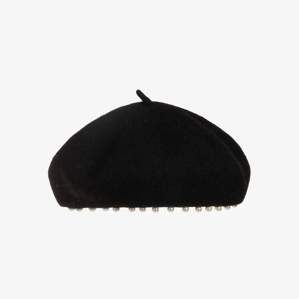 Monnalisa-Girls Black Beret with Flower & Pearl Details | Childrensalon