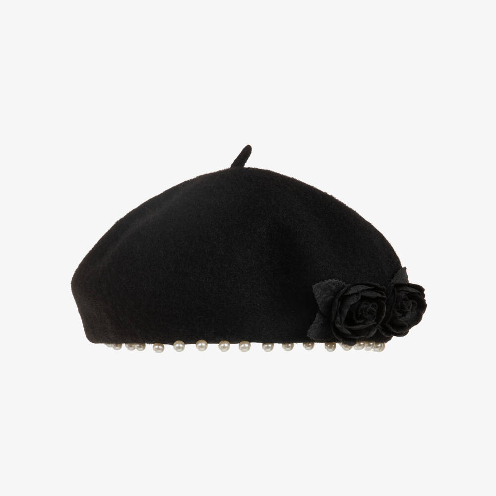 Monnalisa-Girls Black Beret with Flower & Pearl Details | Childrensalon