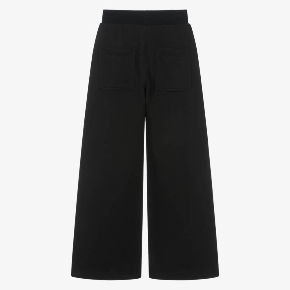 Monnalisa Chic-Girls Black Cotton Wide-Leg Joggers with Floral Logo  | Childrensalon