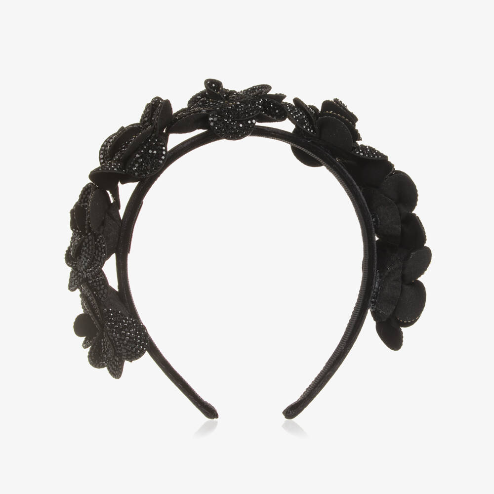 Monnalisa-Girls Black Diamanté Flower Hairband | Childrensalon