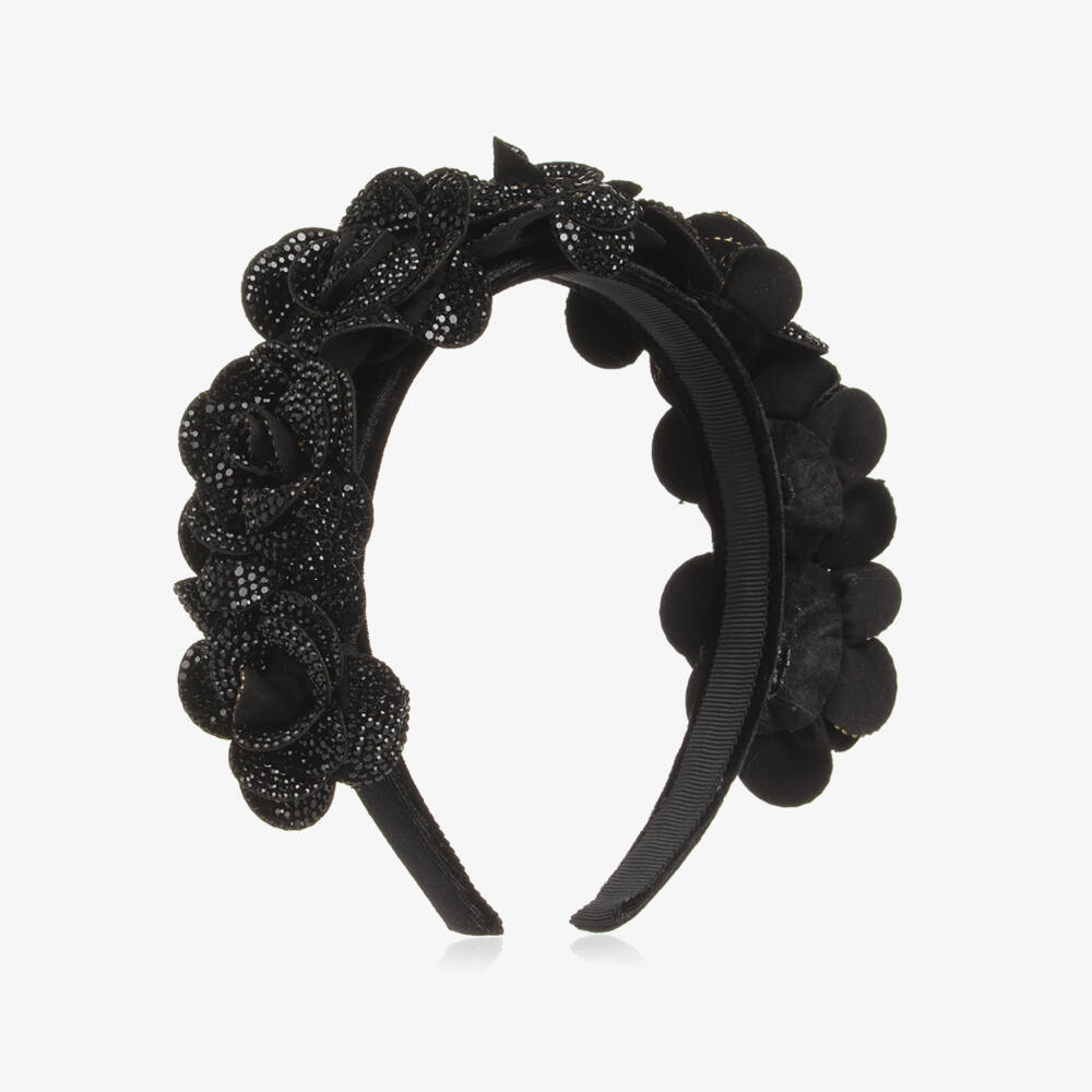 Monnalisa-Girls Black Diamanté Flower Hairband | Childrensalon