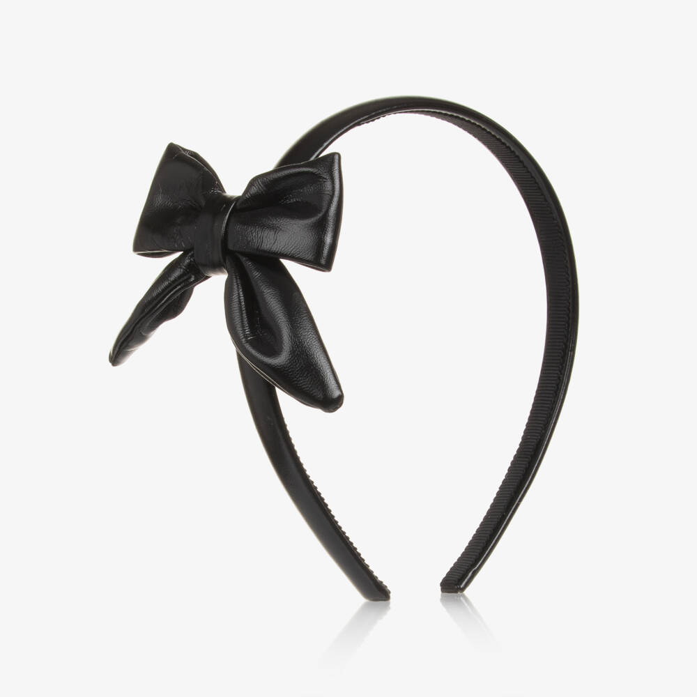 Monnalisa-Girls Black Faux Leather Bow Hairband | Childrensalon