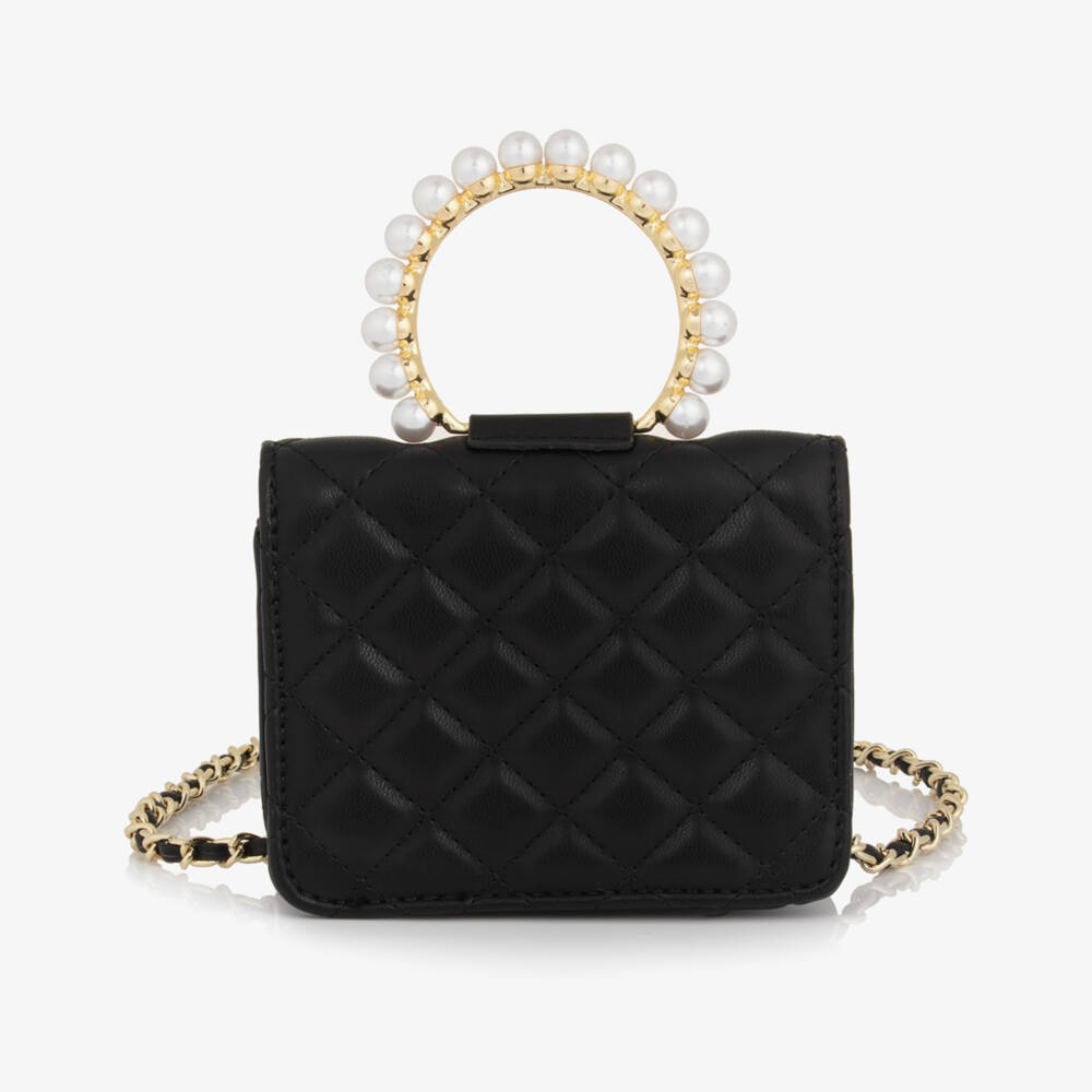 Monnalisa-Girls Black Faux Leather Quilted Handbag (14cm) | Childrensalon