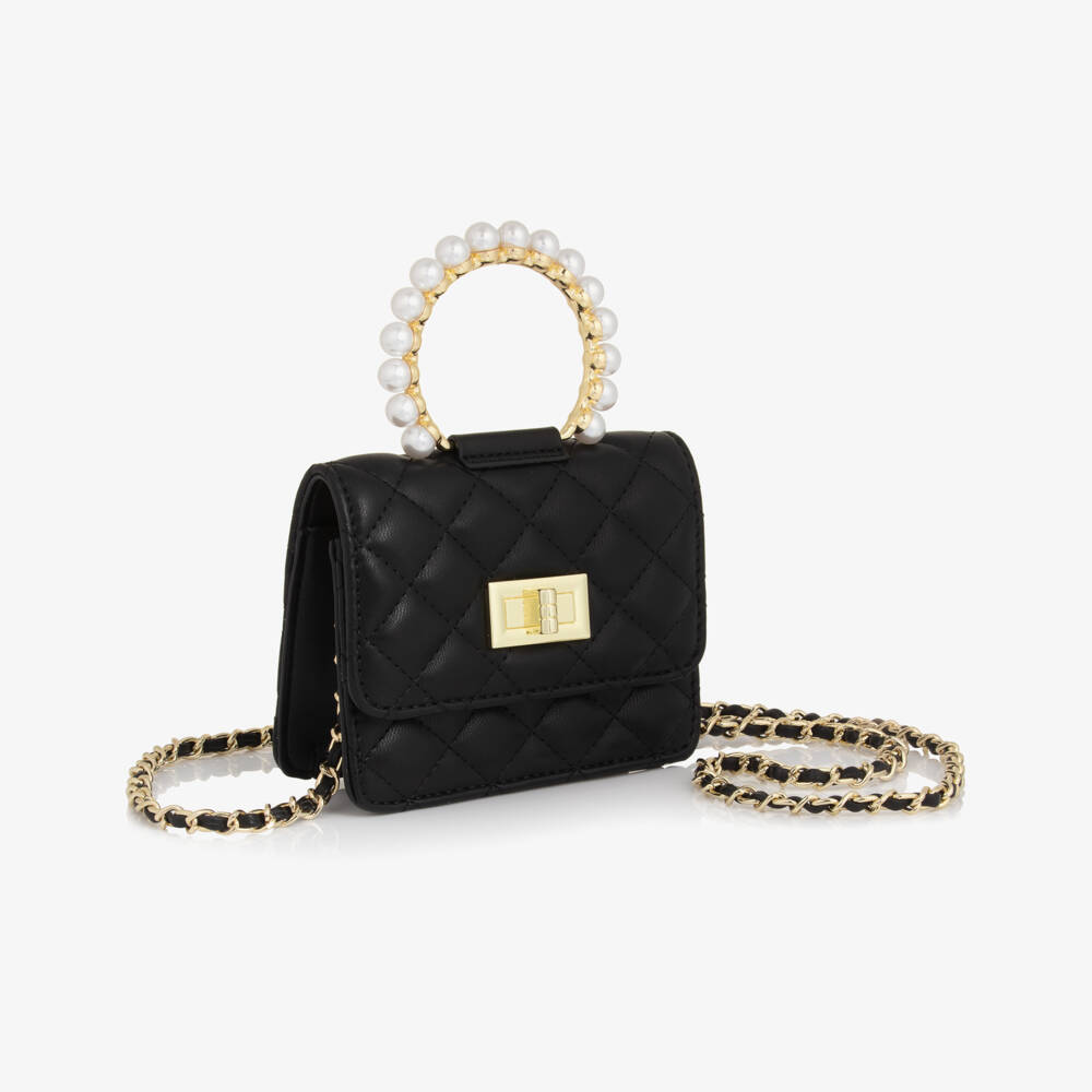 Monnalisa-Girls Black Faux Leather Quilted Handbag (14cm) | Childrensalon