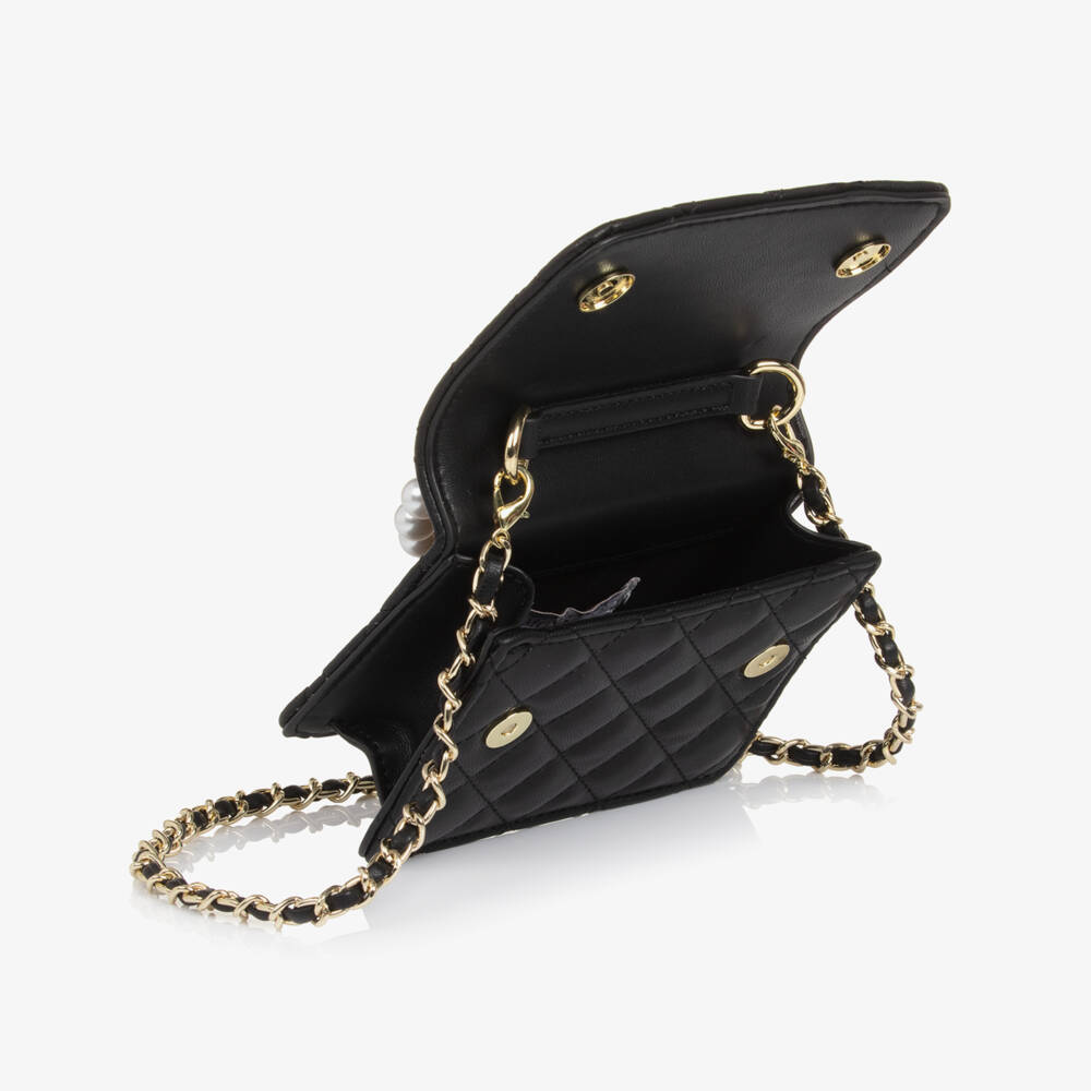 Monnalisa-Girls Black Faux Leather Quilted Handbag (14cm) | Childrensalon