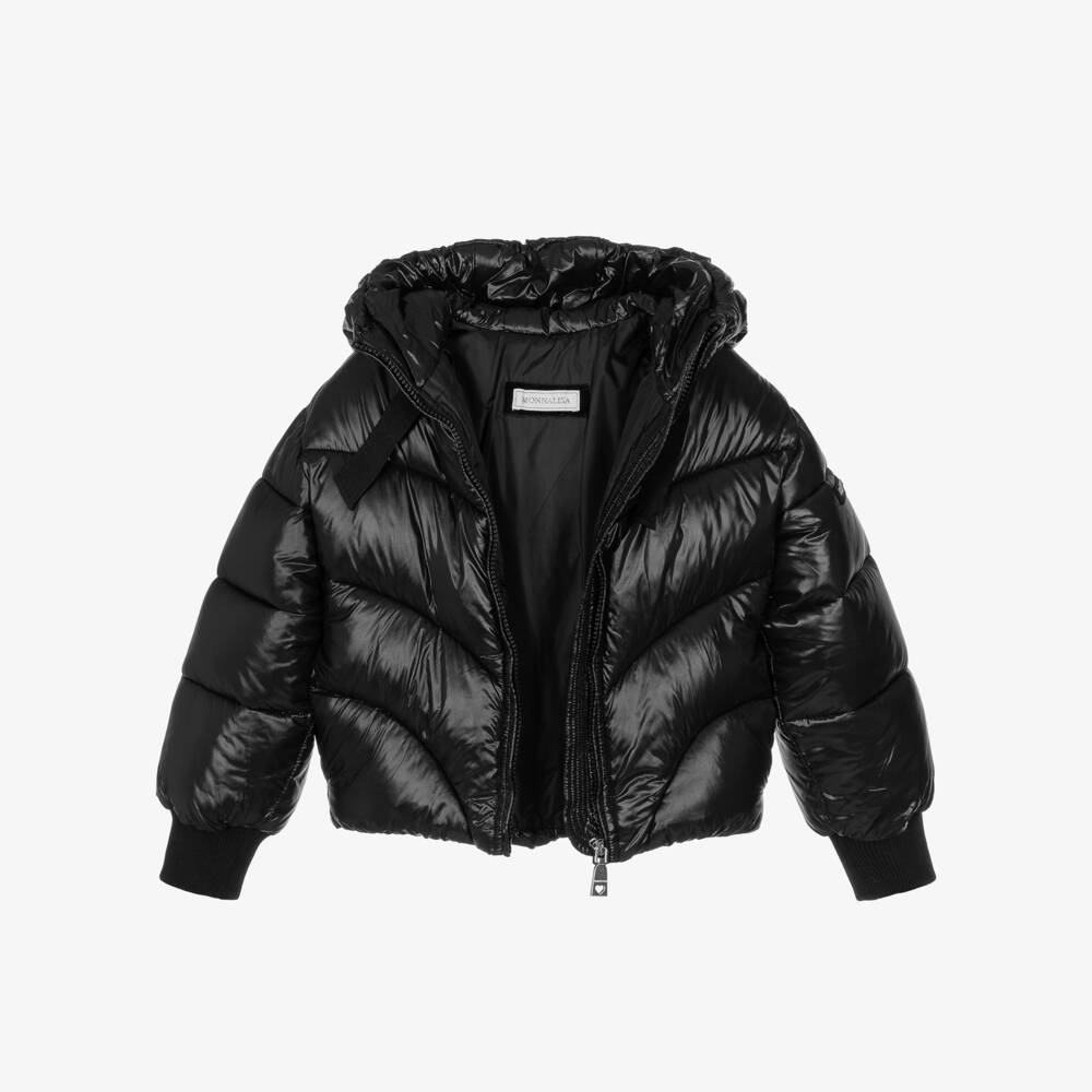 Monnalisa-Girls Black Hooded Puffer Jacket | Childrensalon