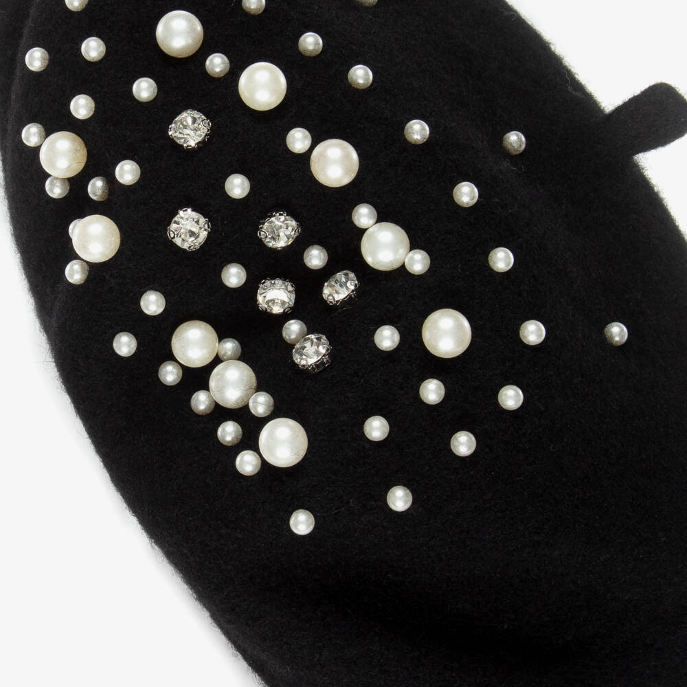 Monnalisa-Girls Black Pearl & Diamanté Beret | Childrensalon