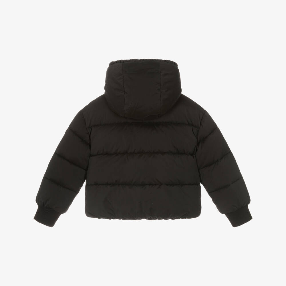 Monnalisa-Girls Black Puffer Jacket with Silver Logo | Childrensalon