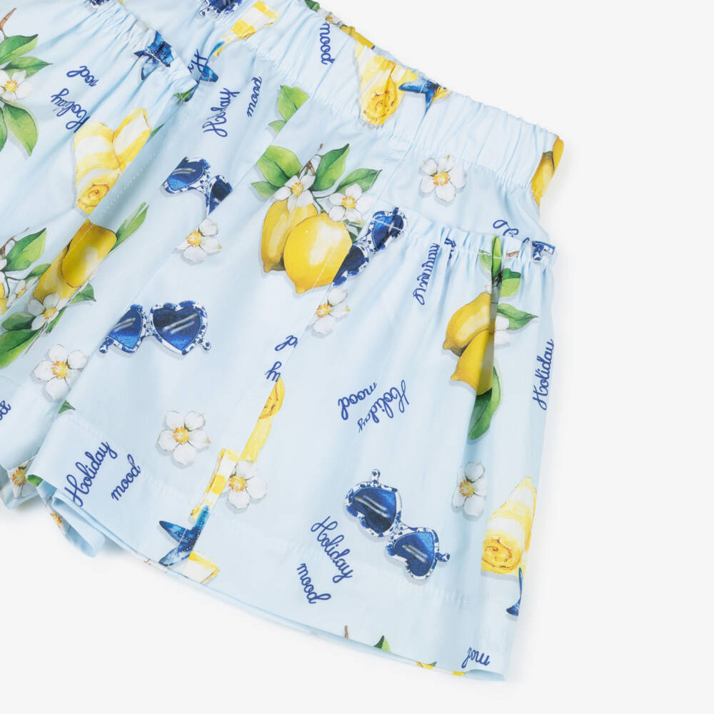 Monnalisa-Girls Blue Cotton Holiday Print Shorts | Childrensalon
