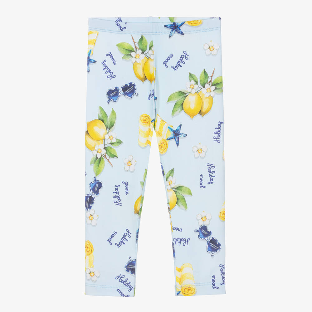Monnalisa-Girls Blue Cotton Leggings with Summery Holiday Print | Childrensalon