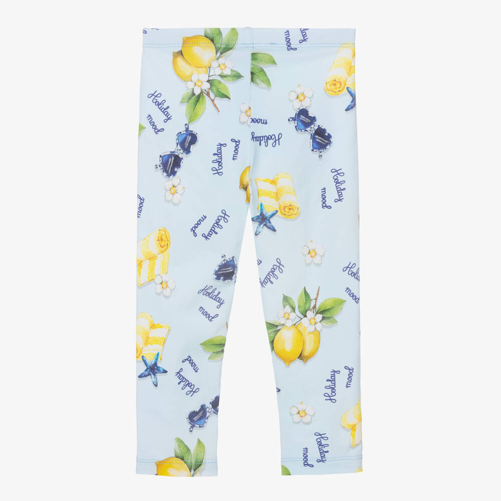 Monnalisa-Girls Blue Cotton Leggings with Summery Holiday Print | Childrensalon