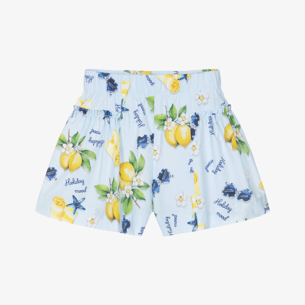 Monnalisa-Girls Blue Cotton Shorts with Lemon Print | Childrensalon