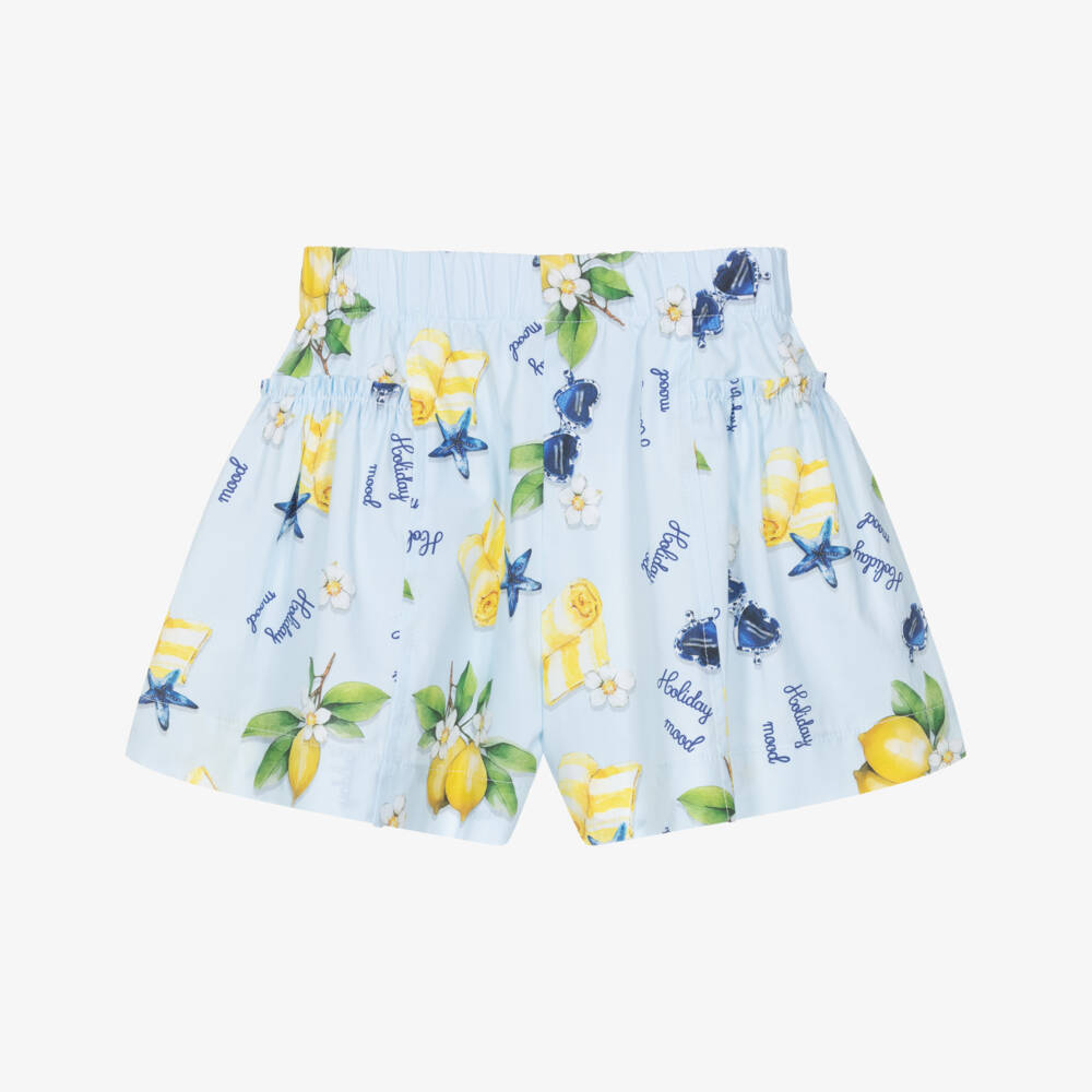 Monnalisa-Girls Blue Cotton Shorts with Lemon Print | Childrensalon