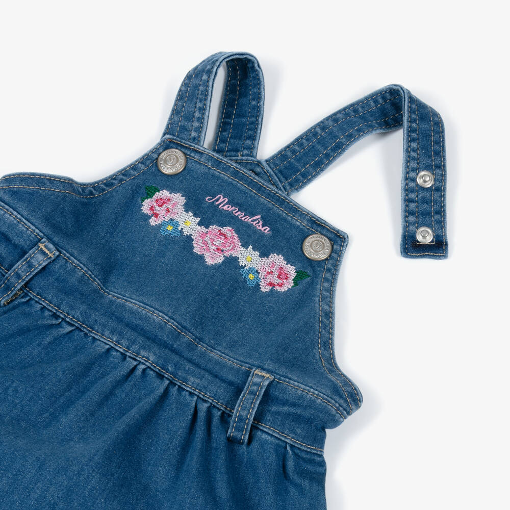 Monnalisa-Платье синее из денима с цветочной вышивкой крестиком для девочек | Childrensalon