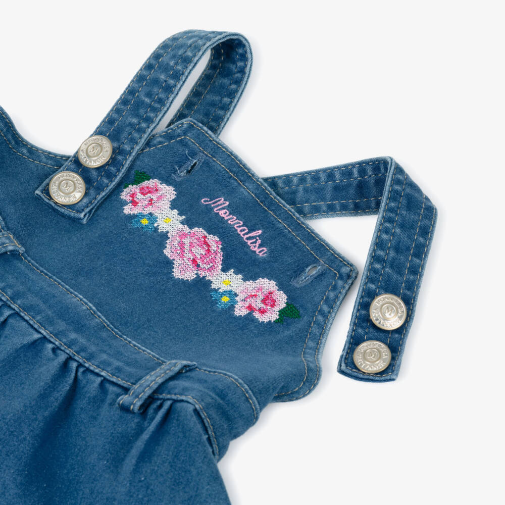 Monnalisa-Girls Blue Denim Dress with Floral Cross Stitch Embroidery | Childrensalon