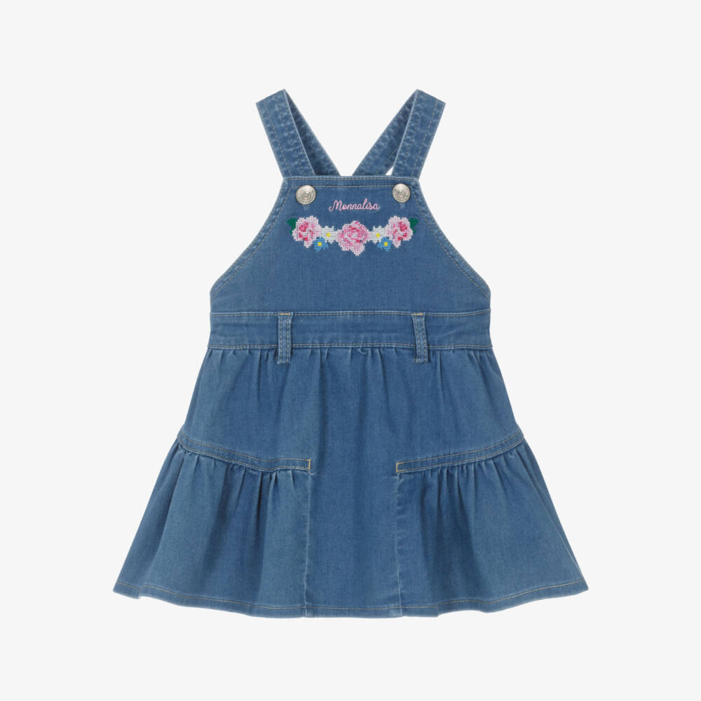 Monnalisa-Girls Blue Denim Dress with Floral Cross Stitch Embroidery | Childrensalon