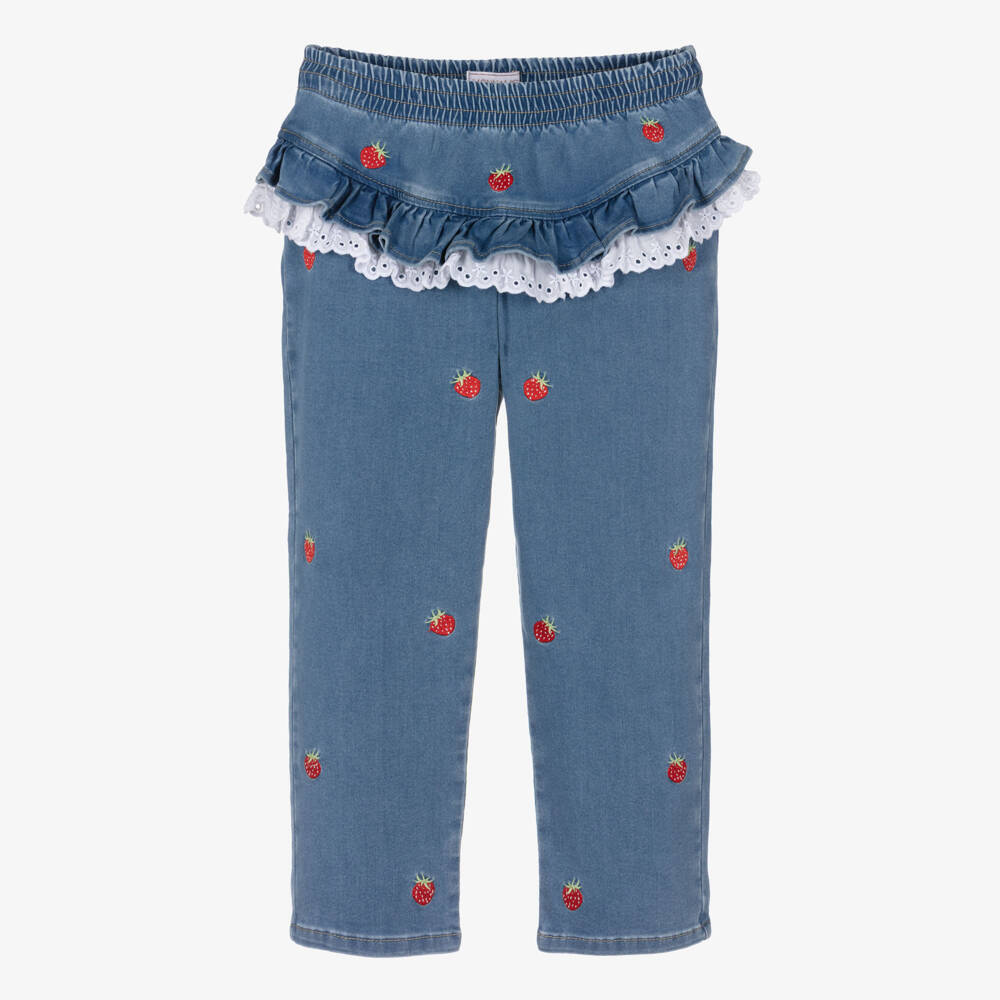 Monnalisa-Girls Blue Denim Embroidered Strawberry Jeans with Lace Trim | Childrensalon