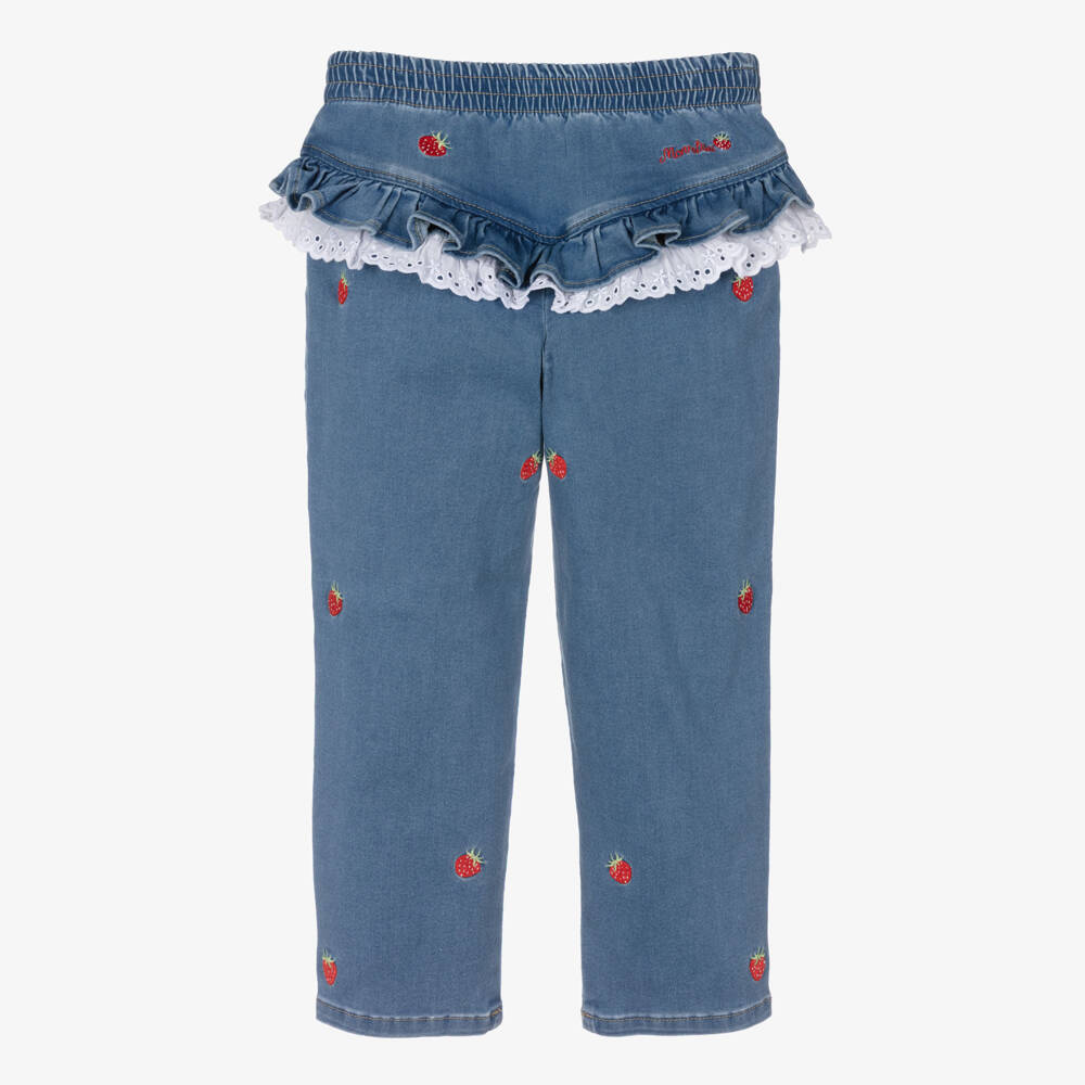 Monnalisa-Girls Blue Denim Embroidered Strawberry Jeans with Lace Trim | Childrensalon