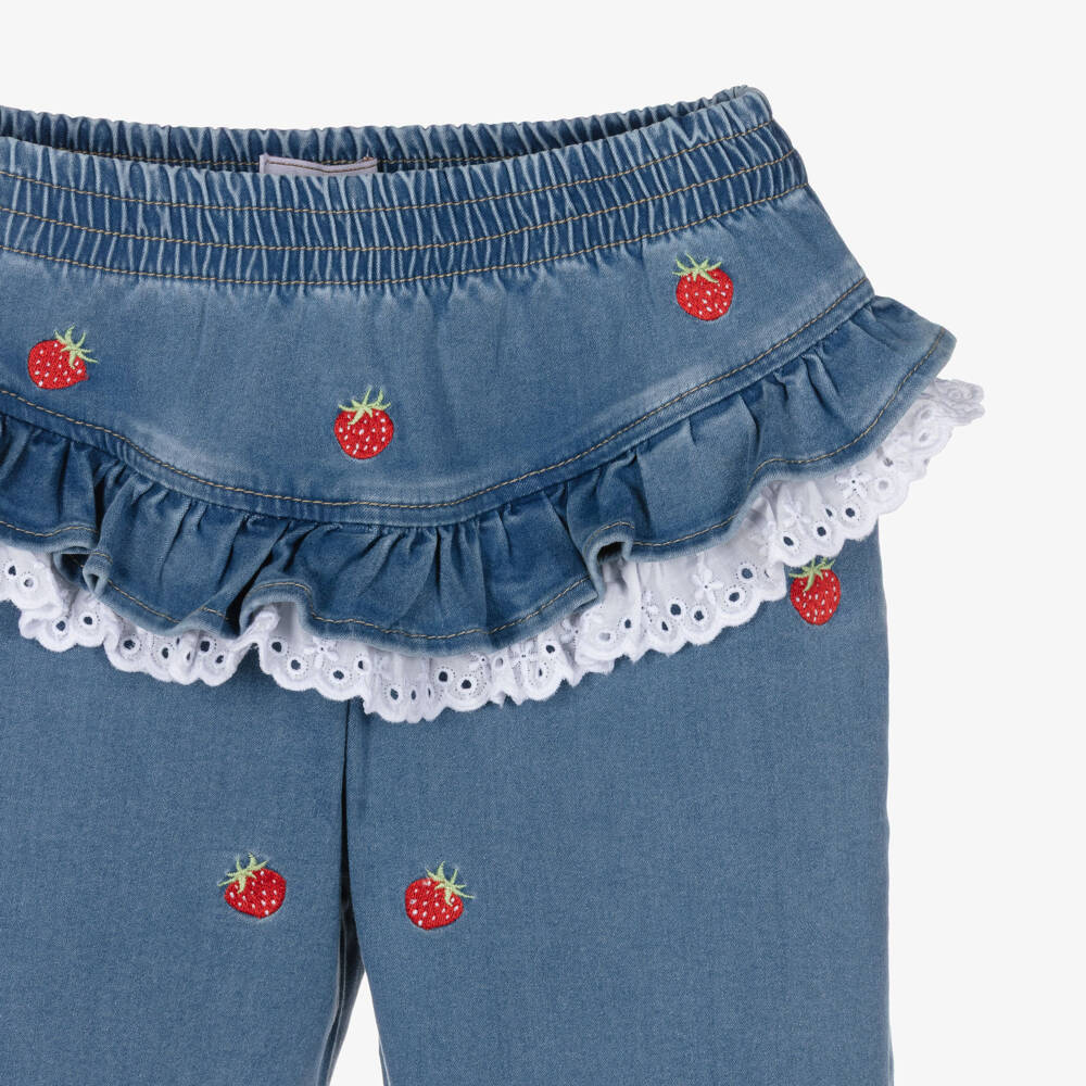 Monnalisa-Girls Blue Denim Embroidered Strawberry Jeans with Lace Trim | Childrensalon