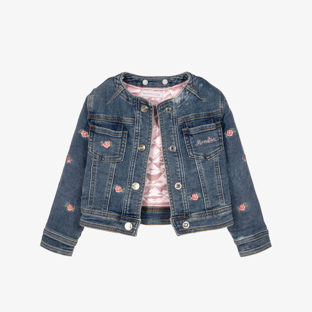 Monnalisa-Girls Blue Denim Jacket with Embroidered Flowers | Childrensalon