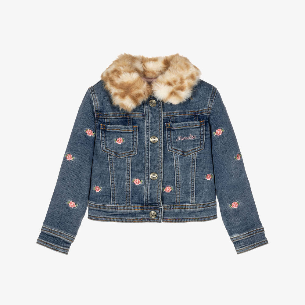 Monnalisa-Girls Blue Denim Jacket with Embroidered Flowers | Childrensalon