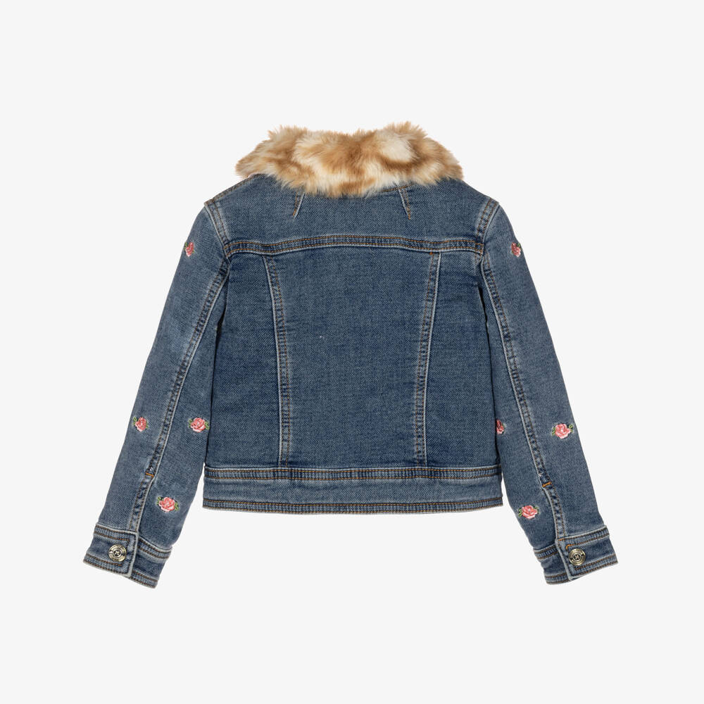 Monnalisa-Girls Blue Denim Jacket with Embroidered Flowers | Childrensalon