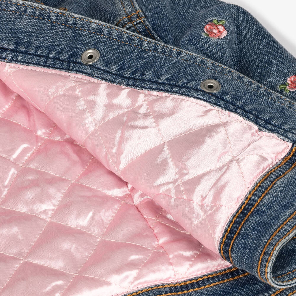 Monnalisa-Girls Blue Denim Jacket with Embroidered Flowers | Childrensalon
