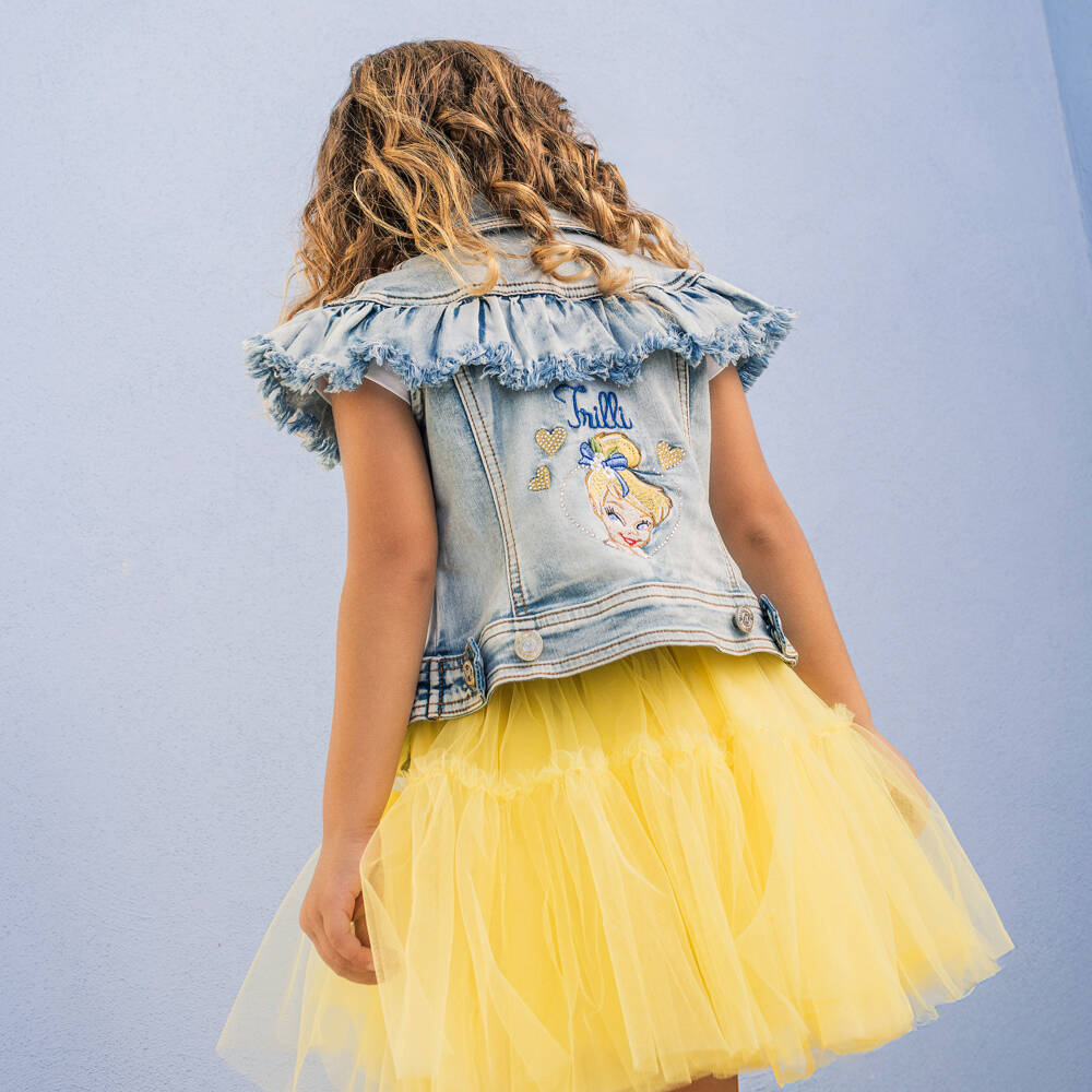 Monnalisa-Girls Blue Denim Jacket with Embroidered Tinkerbell | Childrensalon