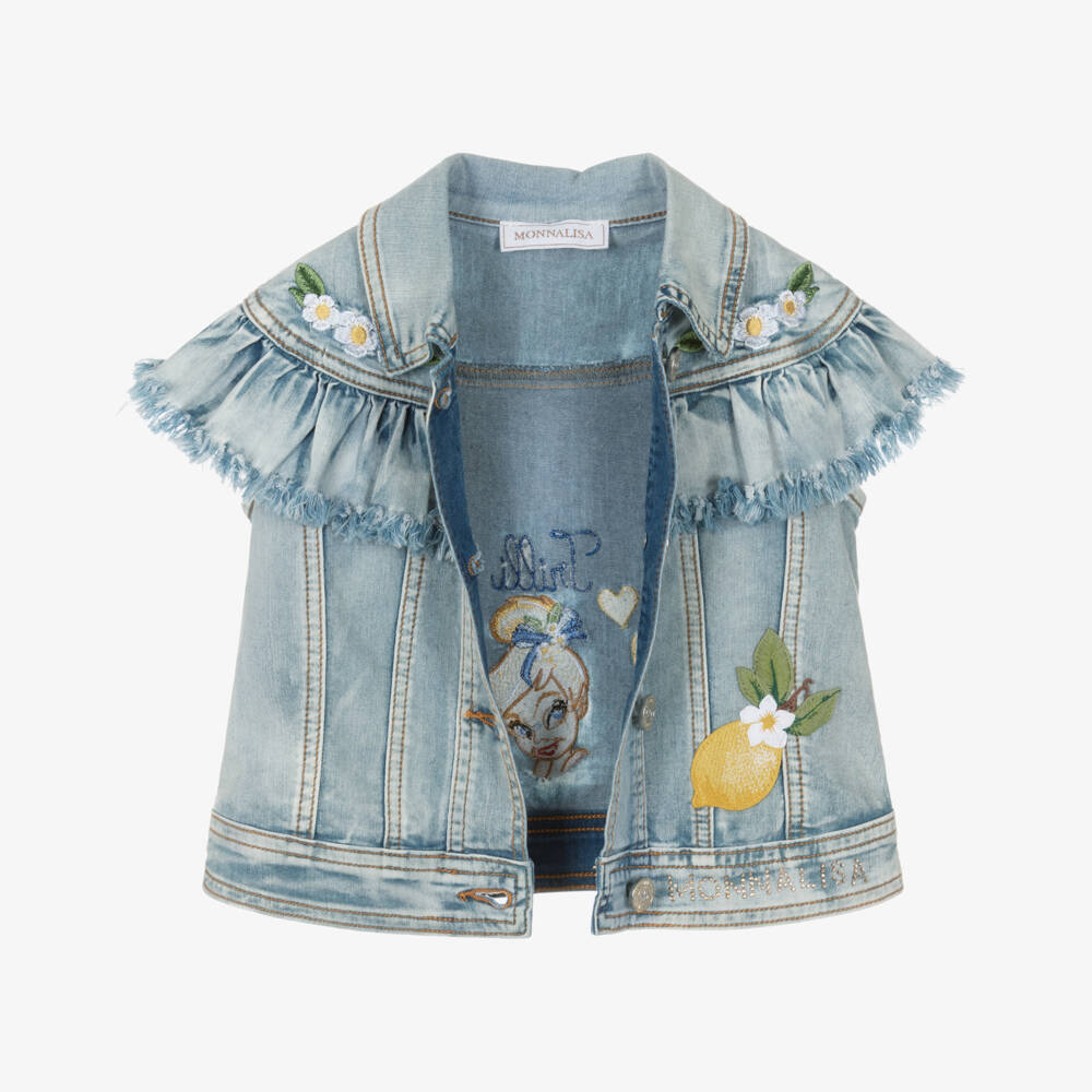 Monnalisa-Girls Blue Denim Jacket with Embroidered Tinkerbell | Childrensalon