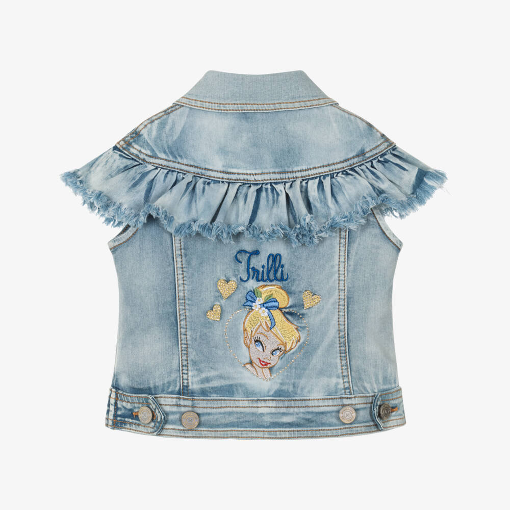 Monnalisa-Girls Blue Denim Jacket with Embroidered Tinkerbell | Childrensalon