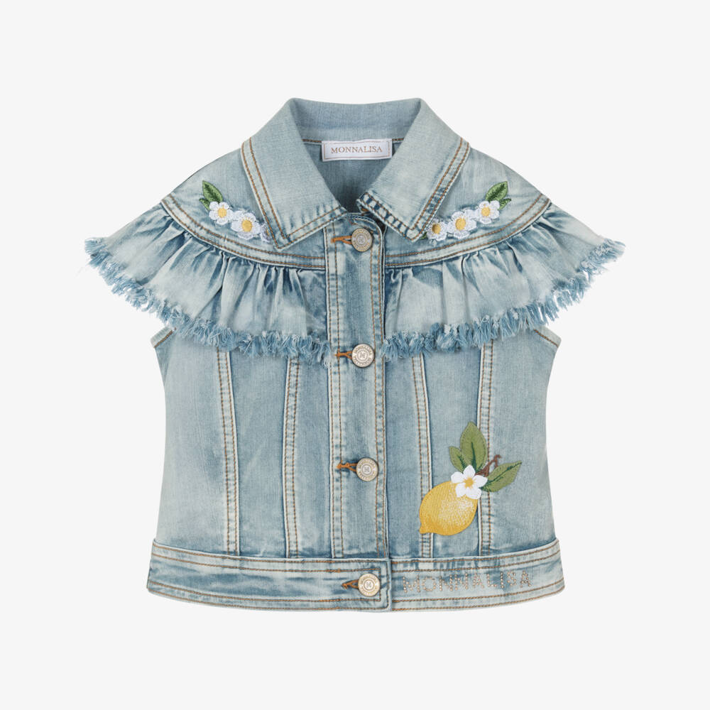 Monnalisa-Girls Blue Denim Jacket with Embroidered Tinkerbell | Childrensalon