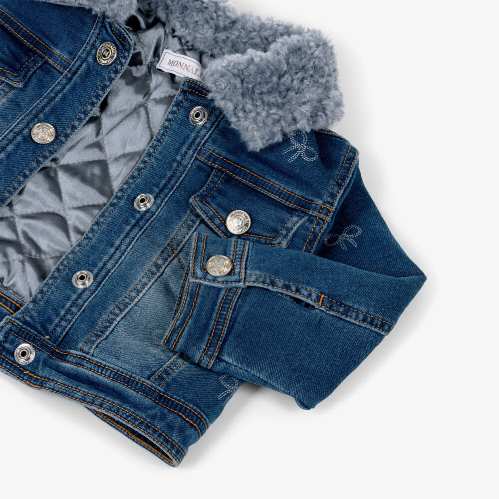 Monnalisa-Girls Blue Denim Jacket with Faux Fur Collar & Glittery Bows | Childrensalon